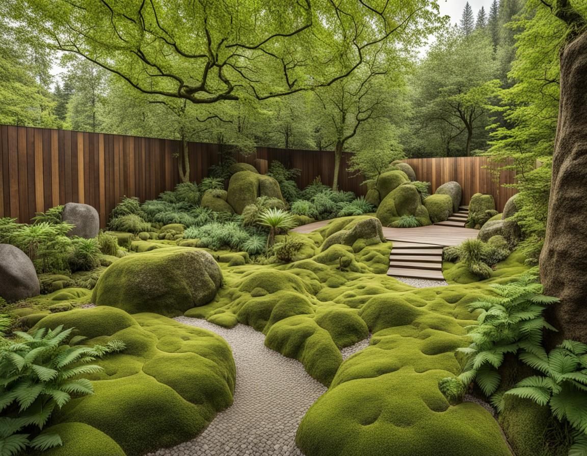 natural garden 7 meters by 7 meters with giant boulders, moss, ferns ...