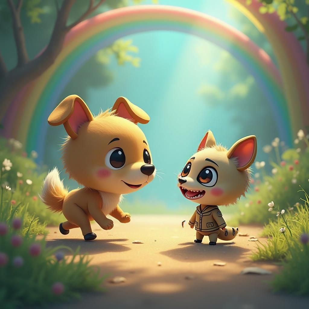 Kiko, the brave male dog toy, runs excitedly towards Tiko, a new toy made from a recycled spoon, featuring cute eyes and a delightful mouth....