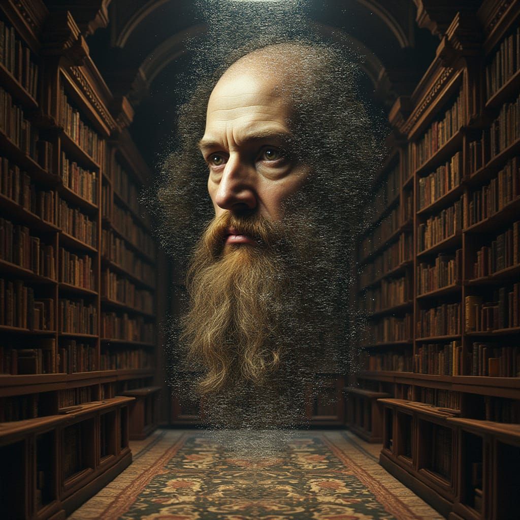 Imagine a grand library where the faces of Leonardo da Vinci melt into swirling patterns of static, creating ...  by @Pharart