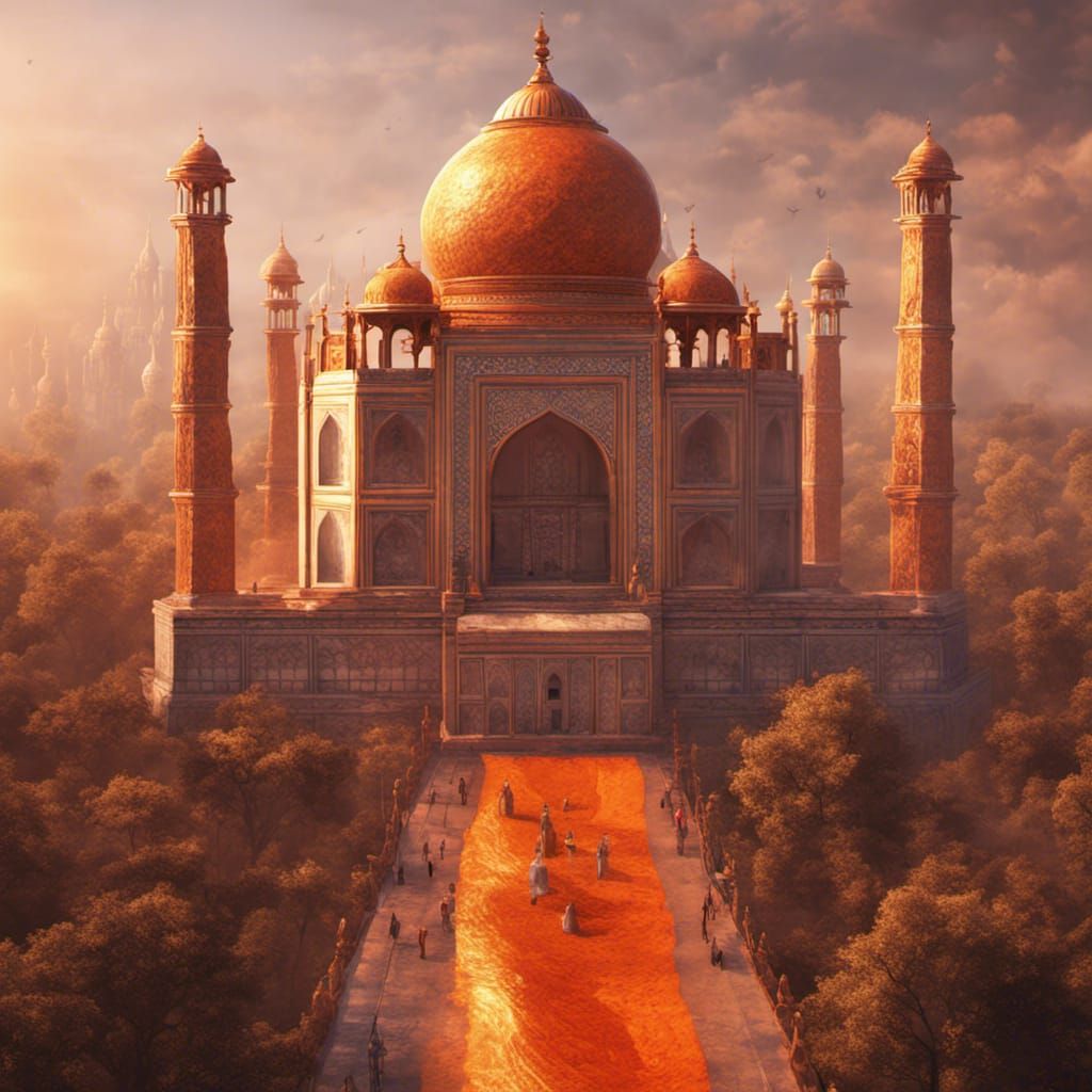 Tajmahal coloured in orange with Hindu temple look