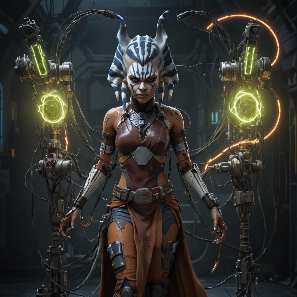 Ahsoka as Frankenstein Monster with wires, stitches, bolts, arcs of electricity, extra limbs, and machine parts poking out of her body