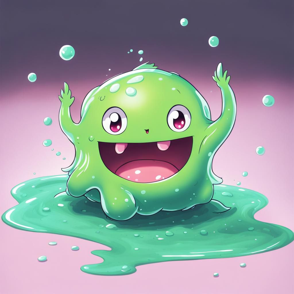 a photo of a cute tiny slime monster with small eyes playing...