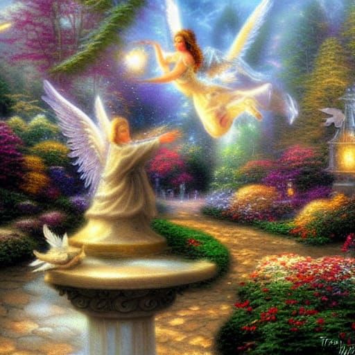 Angel, spheres ethereal fantasy hyperdetailed mist Thomas Kinkade AI