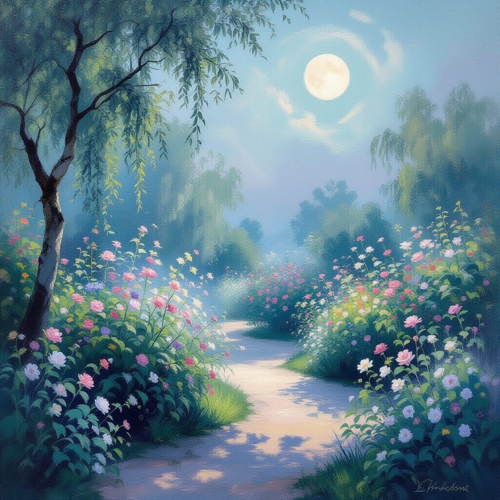 Enchanting Moonlit Garden Scene in Impressionist Style