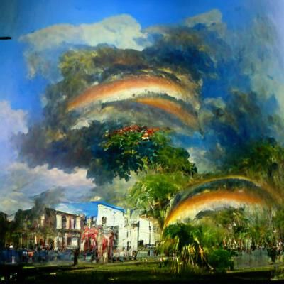A vibrant double rainbow in the sky in the late afternoon vi...