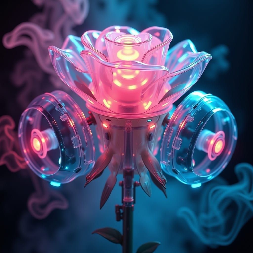 <lora:Cybernetix:1.0> dynamically close up, high-resolution photograph of a translucent softly glowing mechanical "Rose" back lit by neon li...