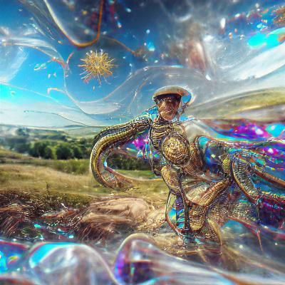 A steampunk warrior inside a thin exoskeleton costume on a g...