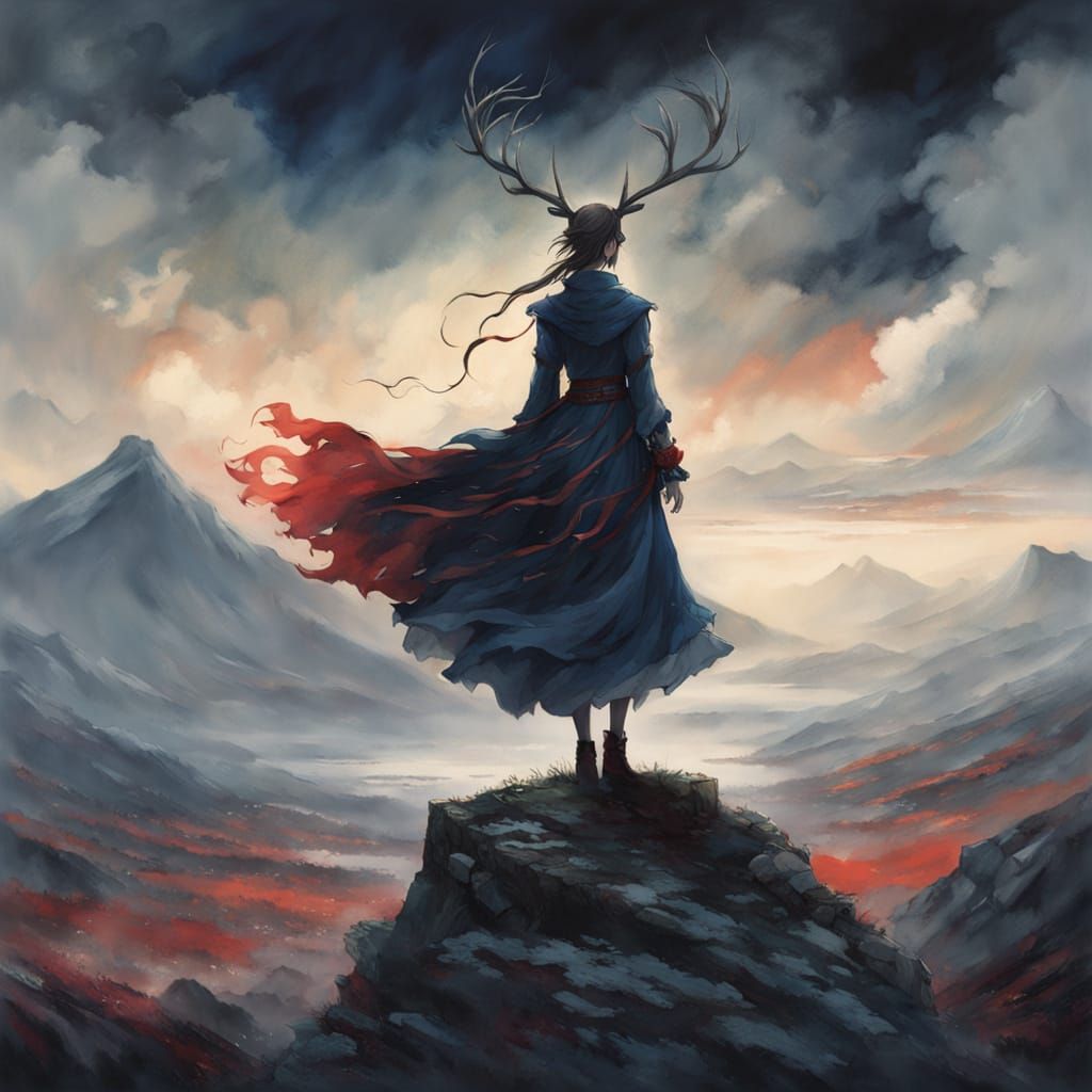 80s anime, a beautiful Baobhan sith fey vampire woman with deer hooves for feet, glowing red eyes, Highlands ...  by @Lostmark