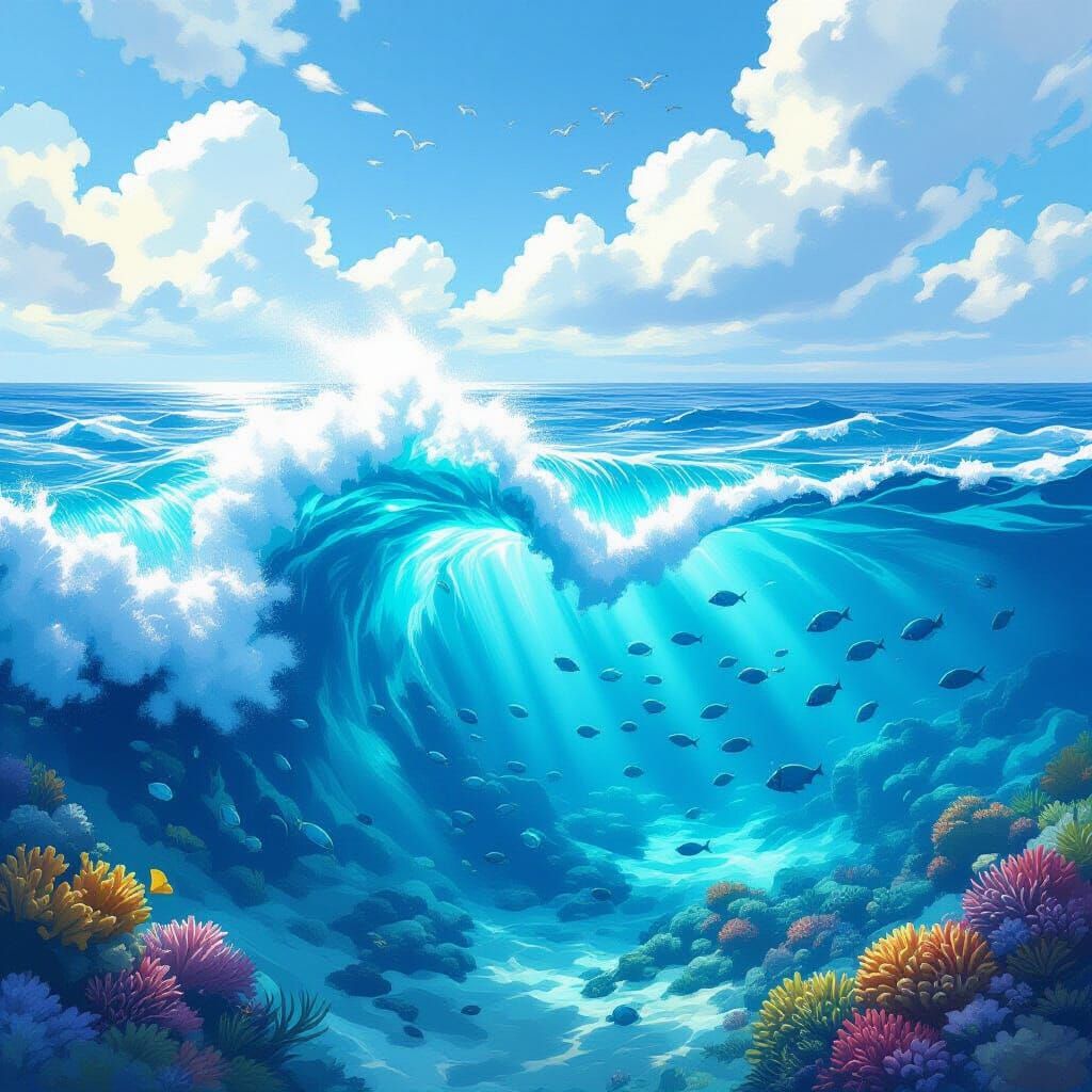 Turquoise Ocean Waves and Coral Reefs, Digital Painting
