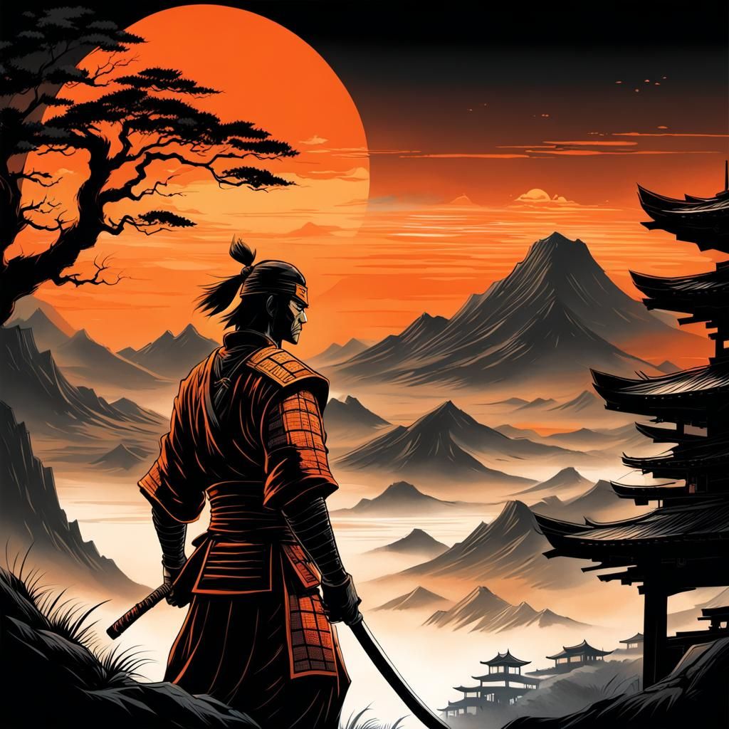 Samurai Silhouette Art in Comic Book Style