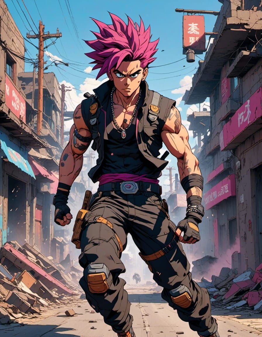 <lora:Indomitable:1.0> Gorgeous punky male anime hero in desolate streets with badass outfit, line art, strong lines, insane detail, leaving...