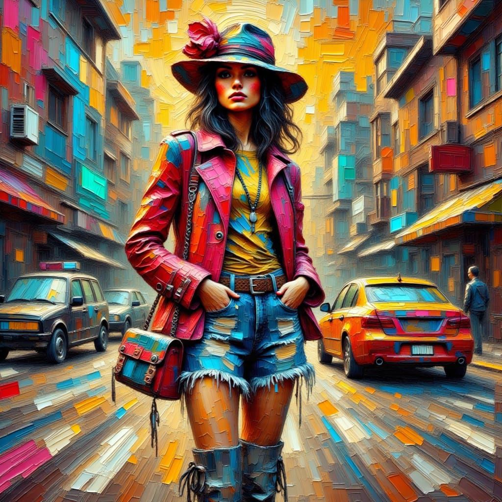 Vibrant Woman in Grungy Urban Impasto Style
