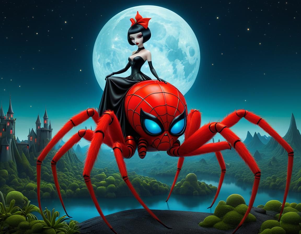 Pixiefairy Rides Animatronic Spider in Surreal Goth Landscap...