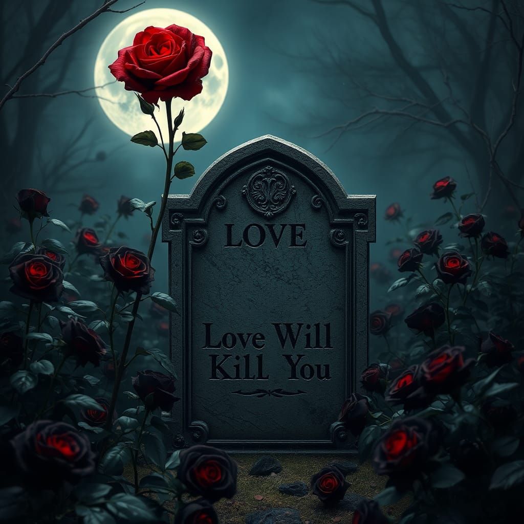 Moonlit Garden Grave with Black Roses: Fantasy Matte Paintin...