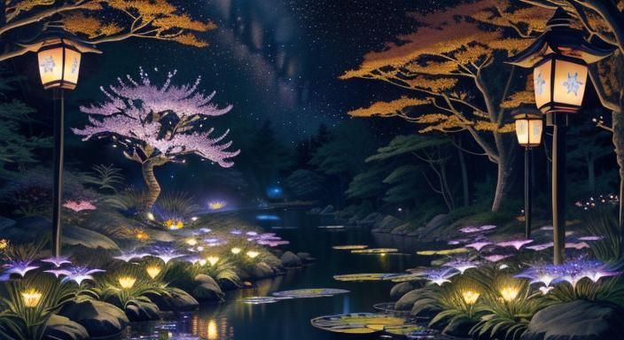stream with lantern lights and glowing flowers