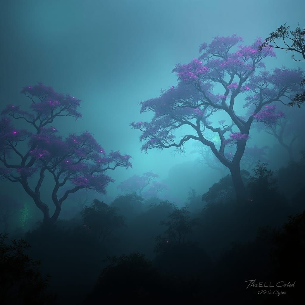 foggy moody alien forest pink leaves on trees strange alien flora  by @Jill Vader