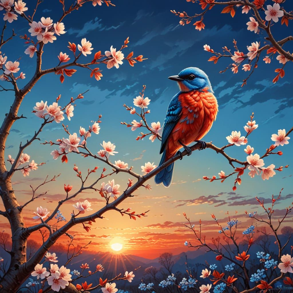Blossom Tree & Bird at Sunset  by @Plats