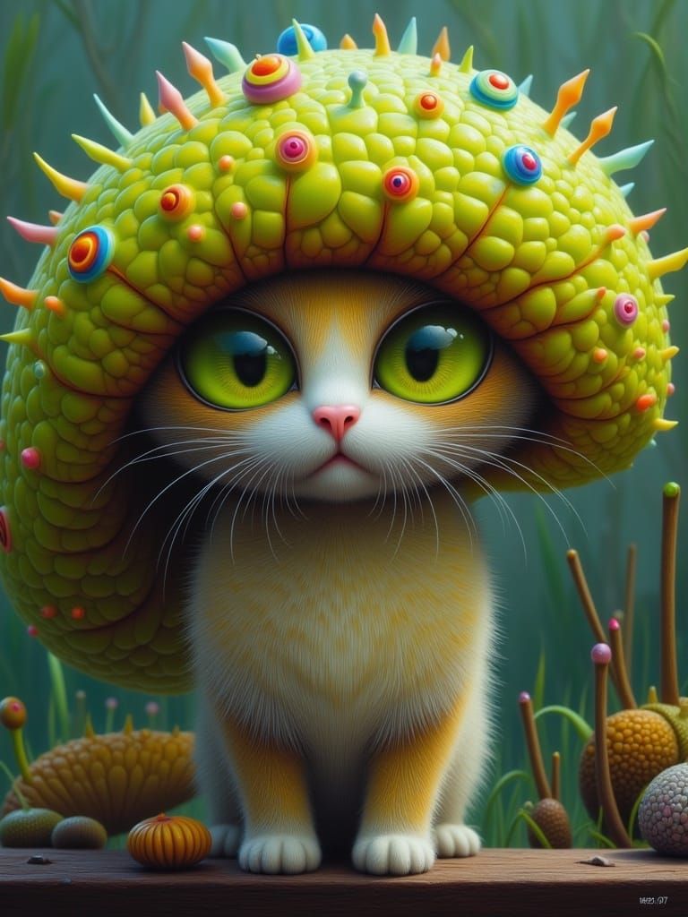 a cat hiding under a giant leaf  umbrella <lora:Whimsical alien Flux:1.0> 