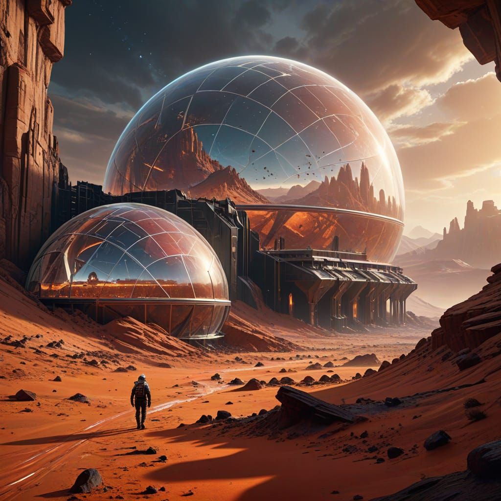 cluster of Futuristic cities built inside gigantic protective glass domes on red sand of planet Mars  by @aradama