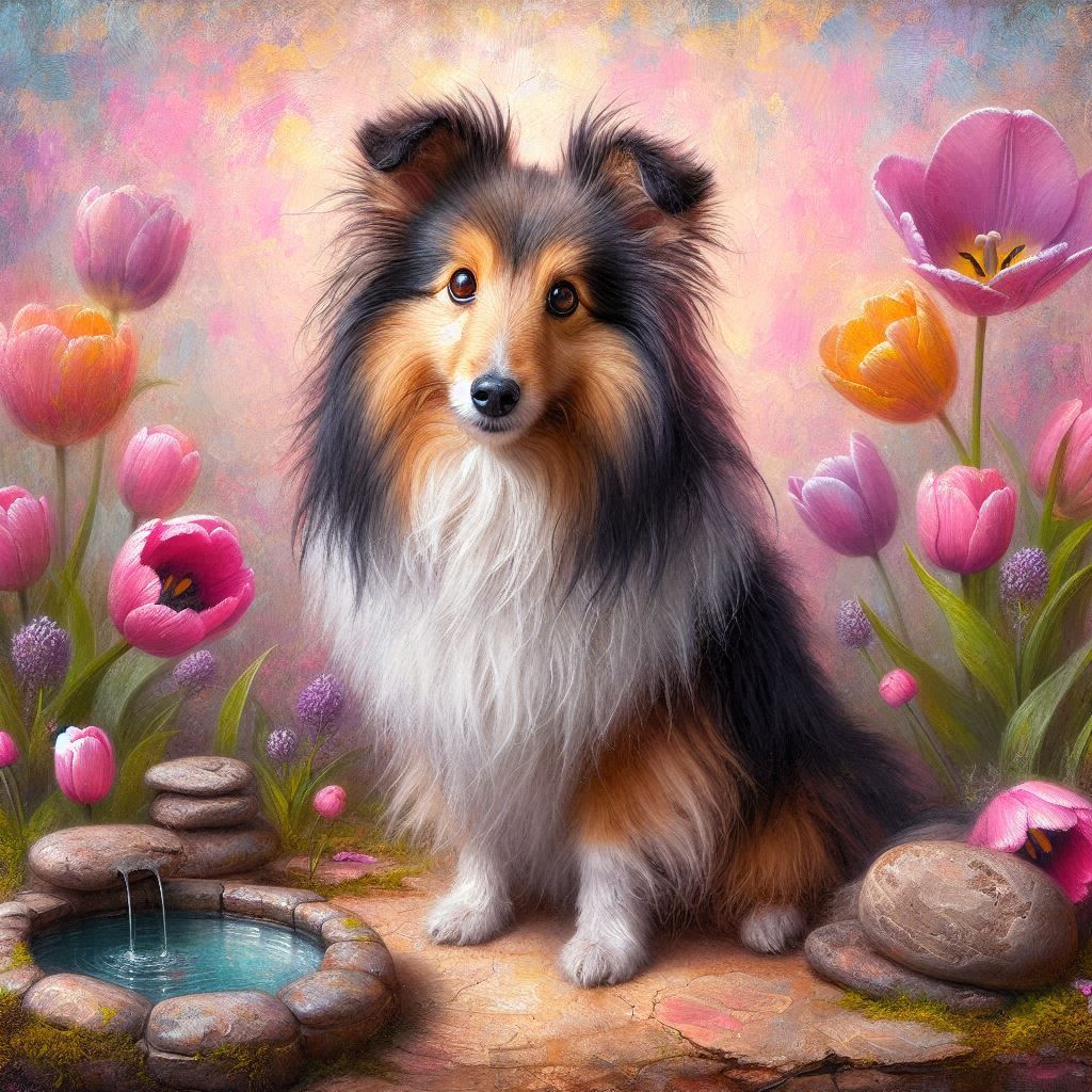Adorable Sheltie in a Tulip Garden
