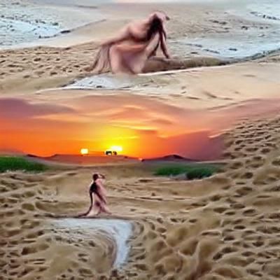 a naked woman is walking in the sand