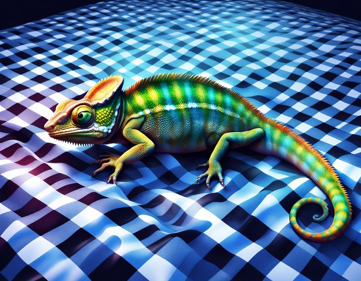 a chameleon on a plaid print bed cover ; Realistic art, 2.5D...