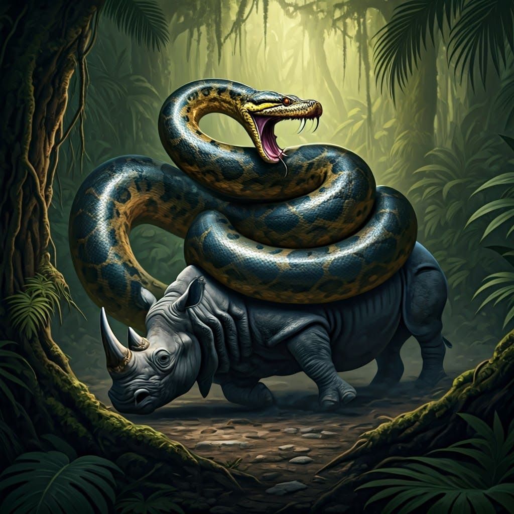 Serpentine Anaconda Devours Struggling Rhinoceros in Jungle ...