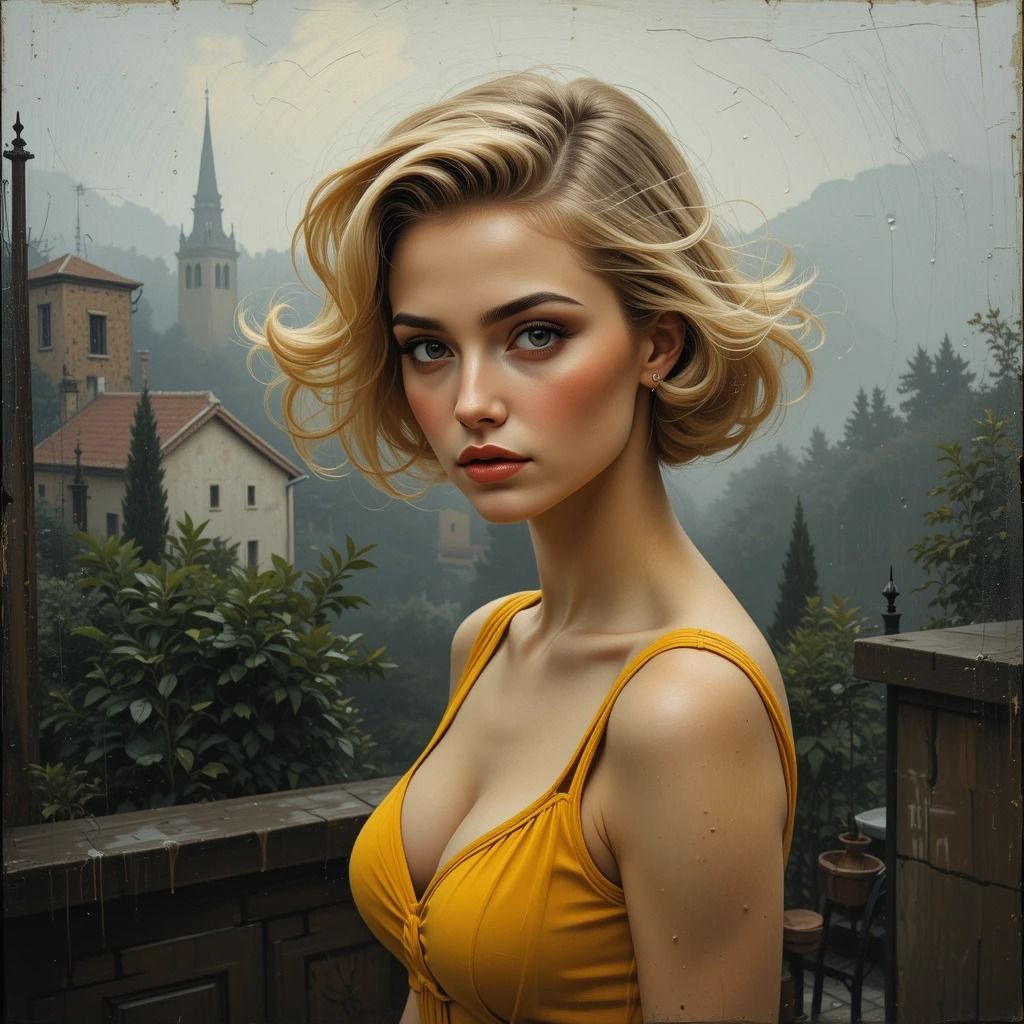 Girl on a terrace in yellow dress