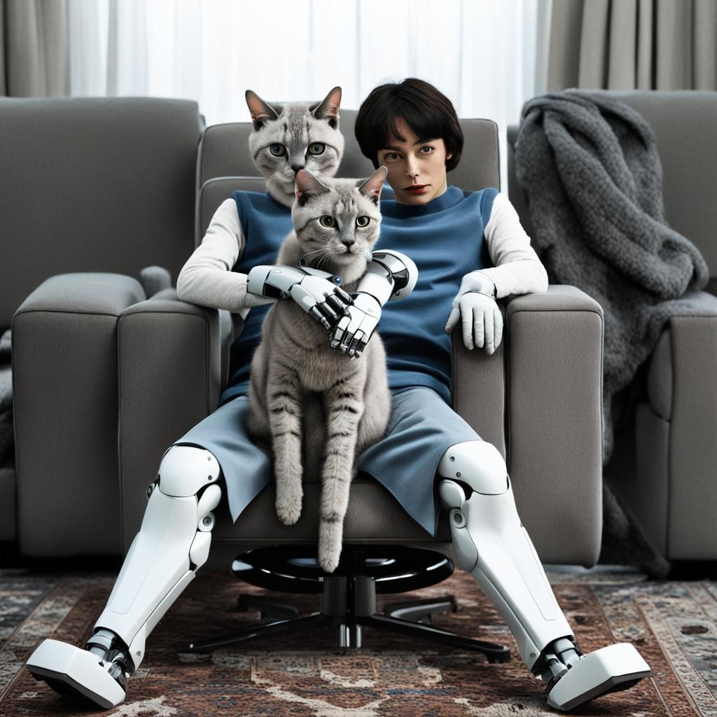 Siamese twin robot with 2 heads: Cat head and human head. The robot body is sitting on a chair. Behind is a grey expensive sofa. Persian flo...
