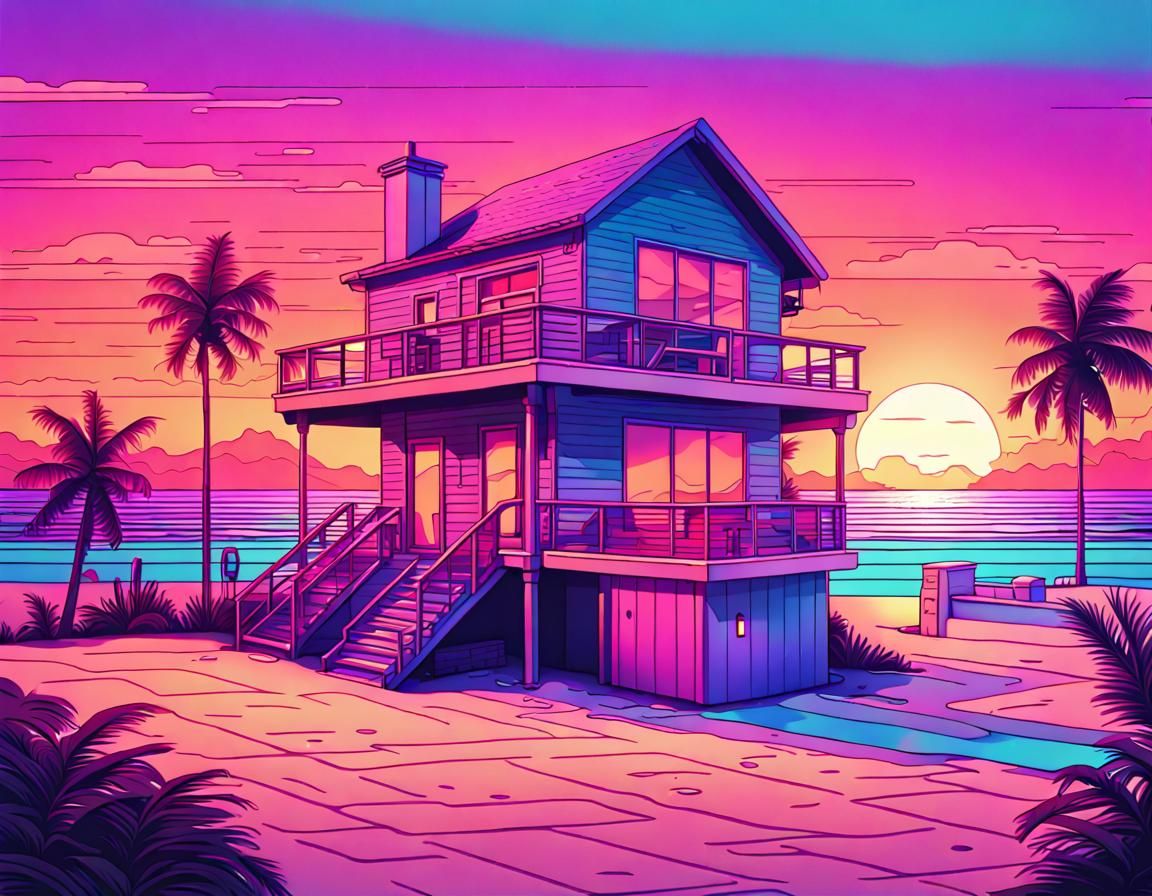 Vaporwave Beach House - AI Generated Artwork - NightCafe Creator