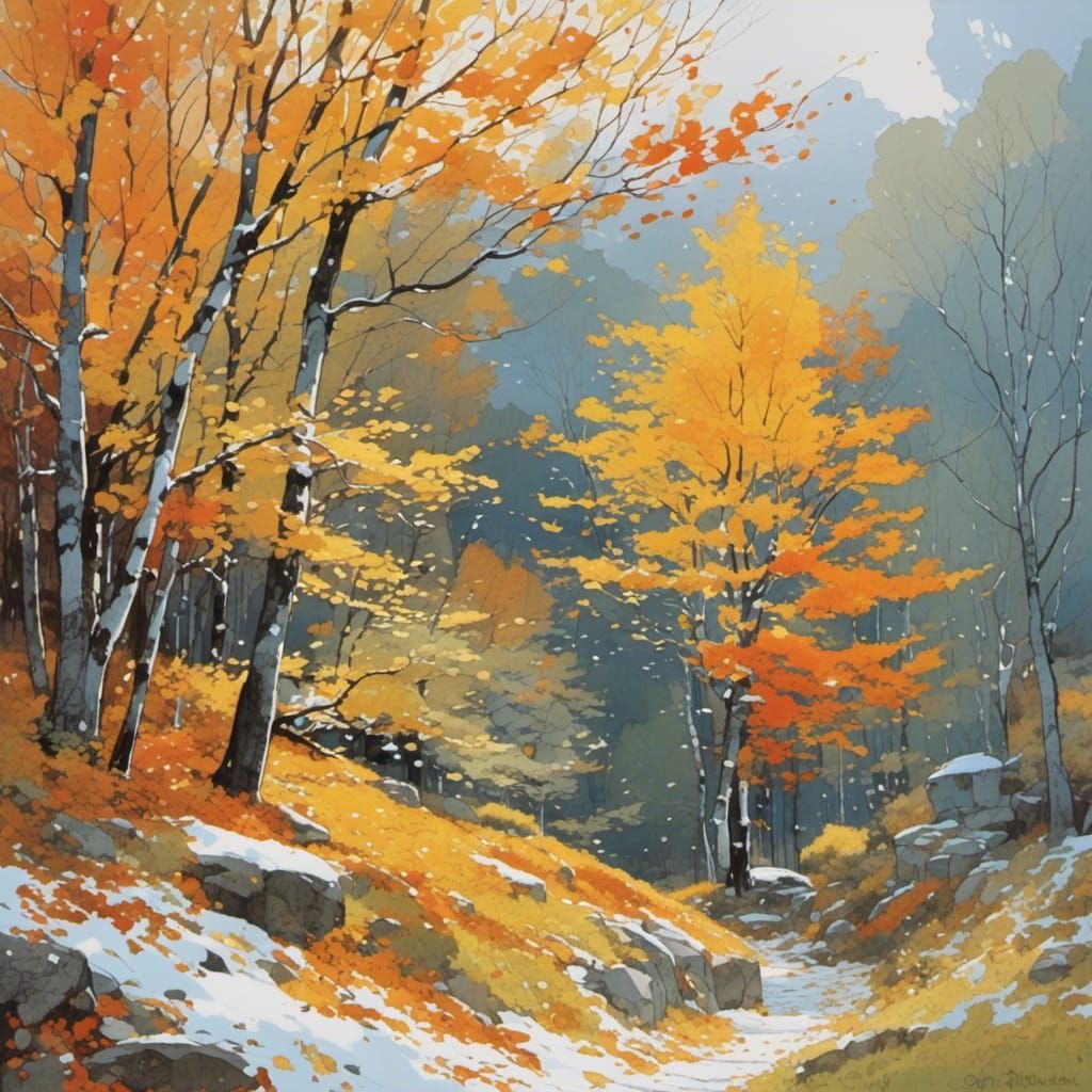 <lora:MObius:1.0> As the leaves fall and the season changes to winter, a chilly air brings the first snow