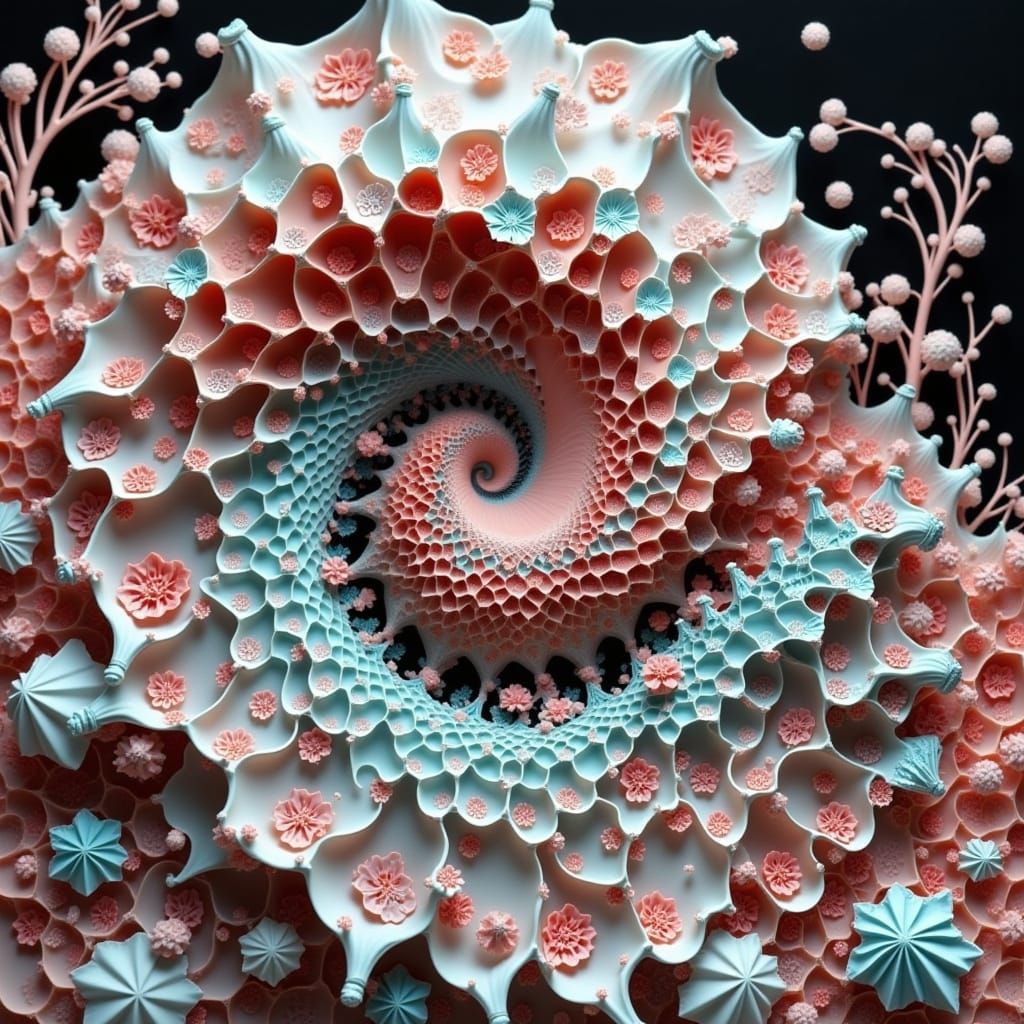 <lora:fract:1.0> coral shell and mallow, metal confetti very fine filigree work, careful creation of every detail, in an insanely detailed l...