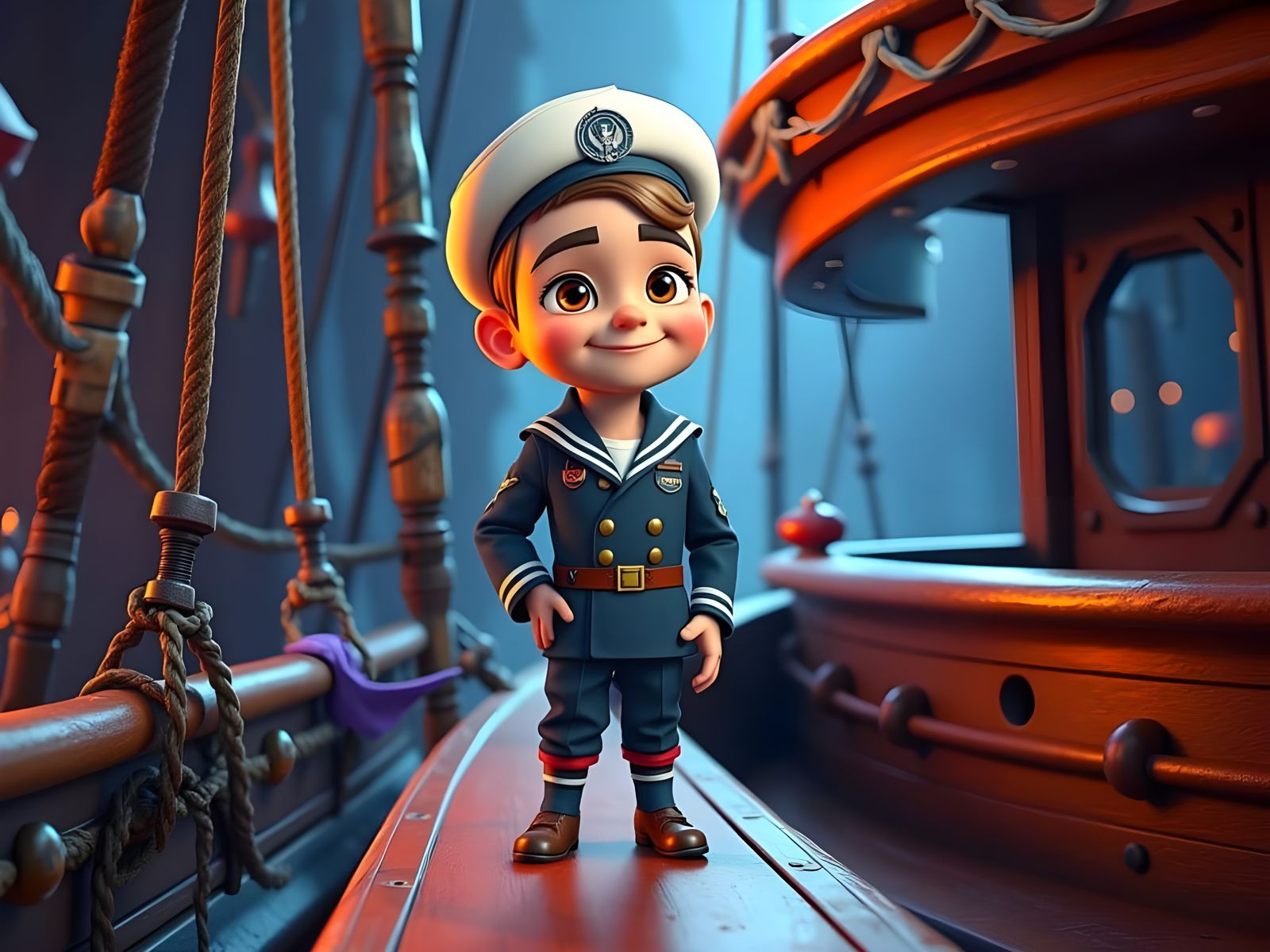 Vibrant Whimsical CGI cartoon Sailor, with intricate textures and lighting, inspired by the stylized realism of Pixar, with a mix of Ian McQ...