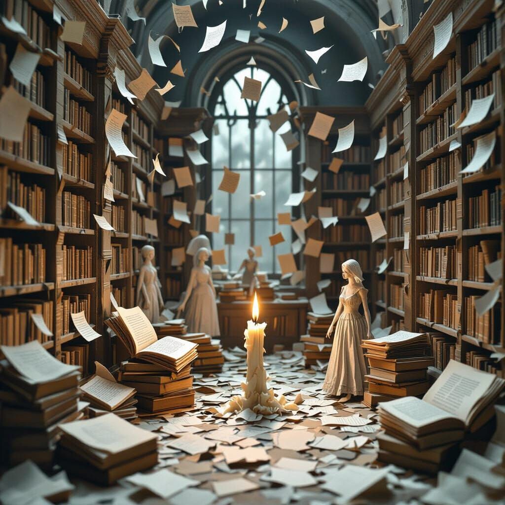 A hauntingly beautiful scene of a desolate, abandoned library where the books and shelves are meticulously crafted from delicate, aged paper...