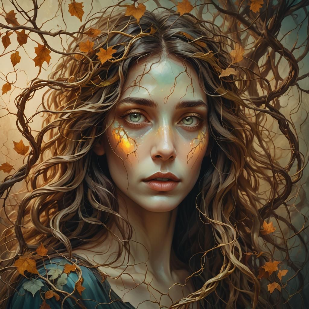 Dreamlike Woman with Vine Hair, Digital Portrait