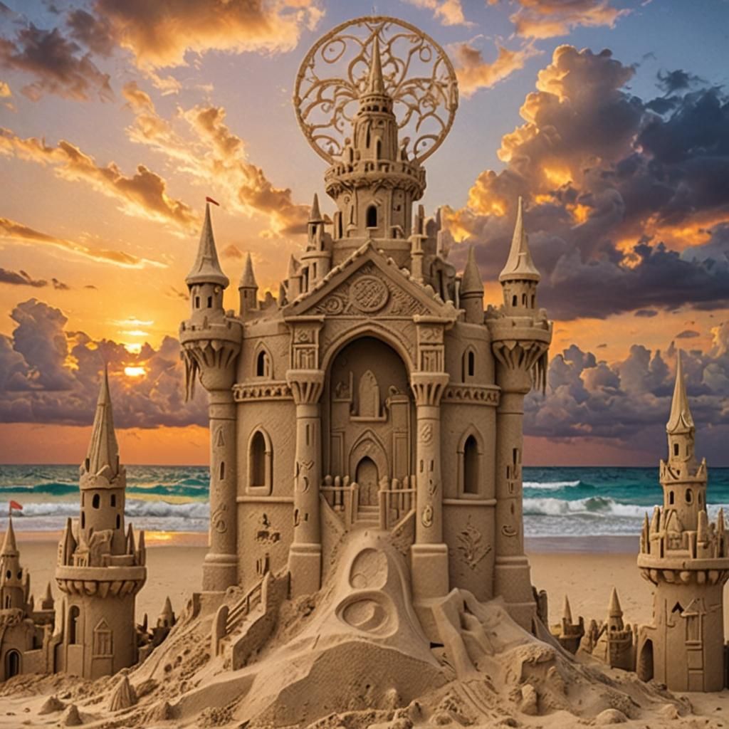 Intricately detailed (sand castle:2.0), tropical sunset in background