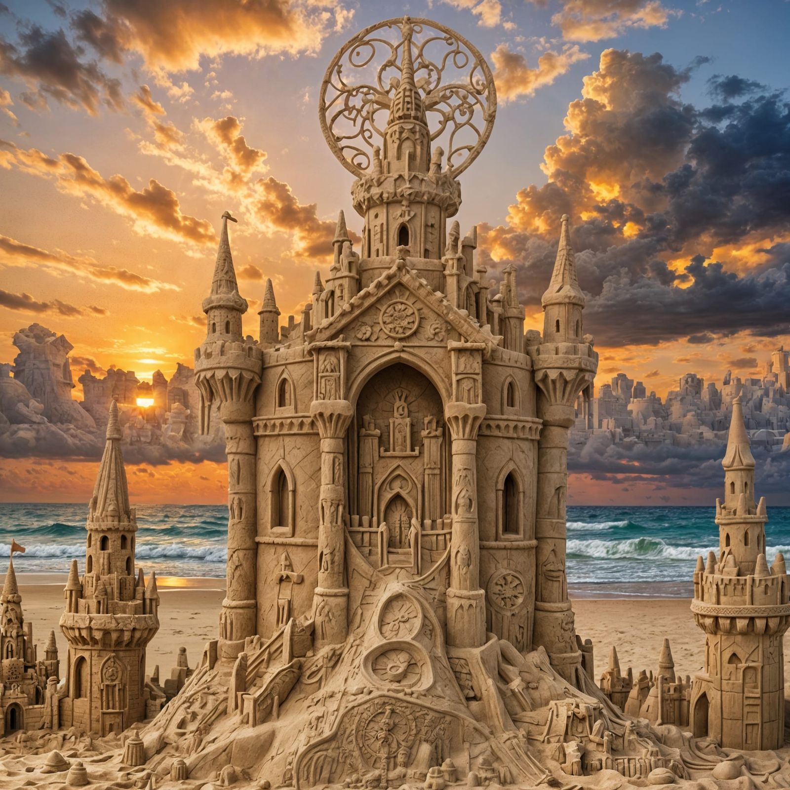 Intricately detailed (sand castle:2.0), tropical sunset in background  by @Alex Sumner