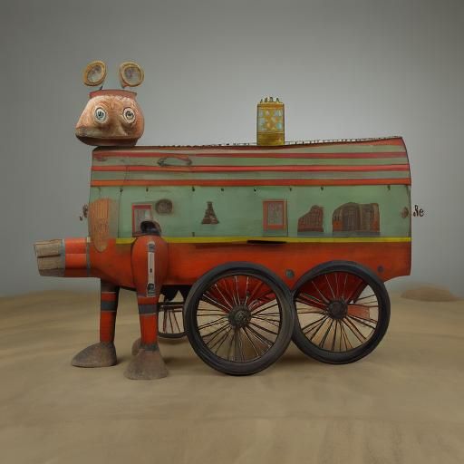 <lora:Whimsey-Wood-DSv8:1.0>Horse and cart, the cart has beer kegs on it, colourful wooden toy