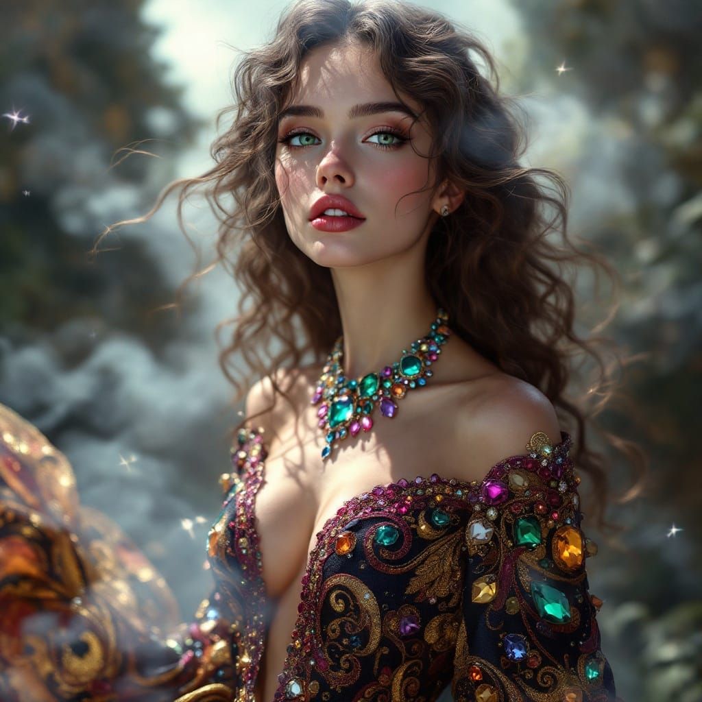 Vibrant, hyper-realistic digital portrait of a young woman, with fair, luminous complexion and striking heart-shaped features, radiant again...