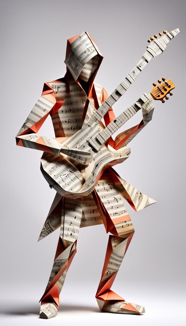 faceless human figure, crafted from intricately folded music...