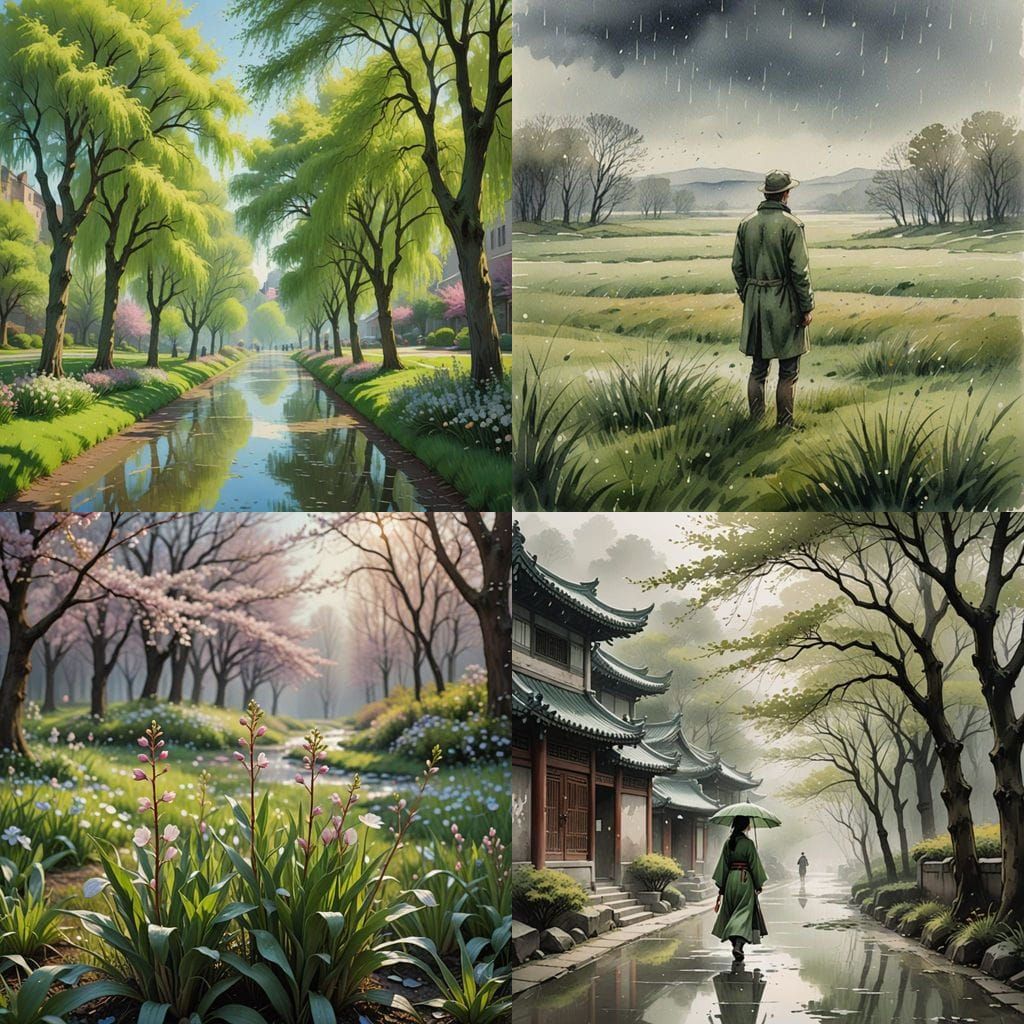 Spring Rain on Ancient Streets and Lush Greenery