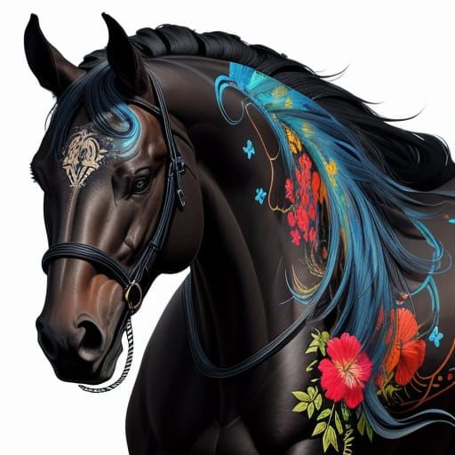 Concept Art of Black Horse With Floral Tattoo
