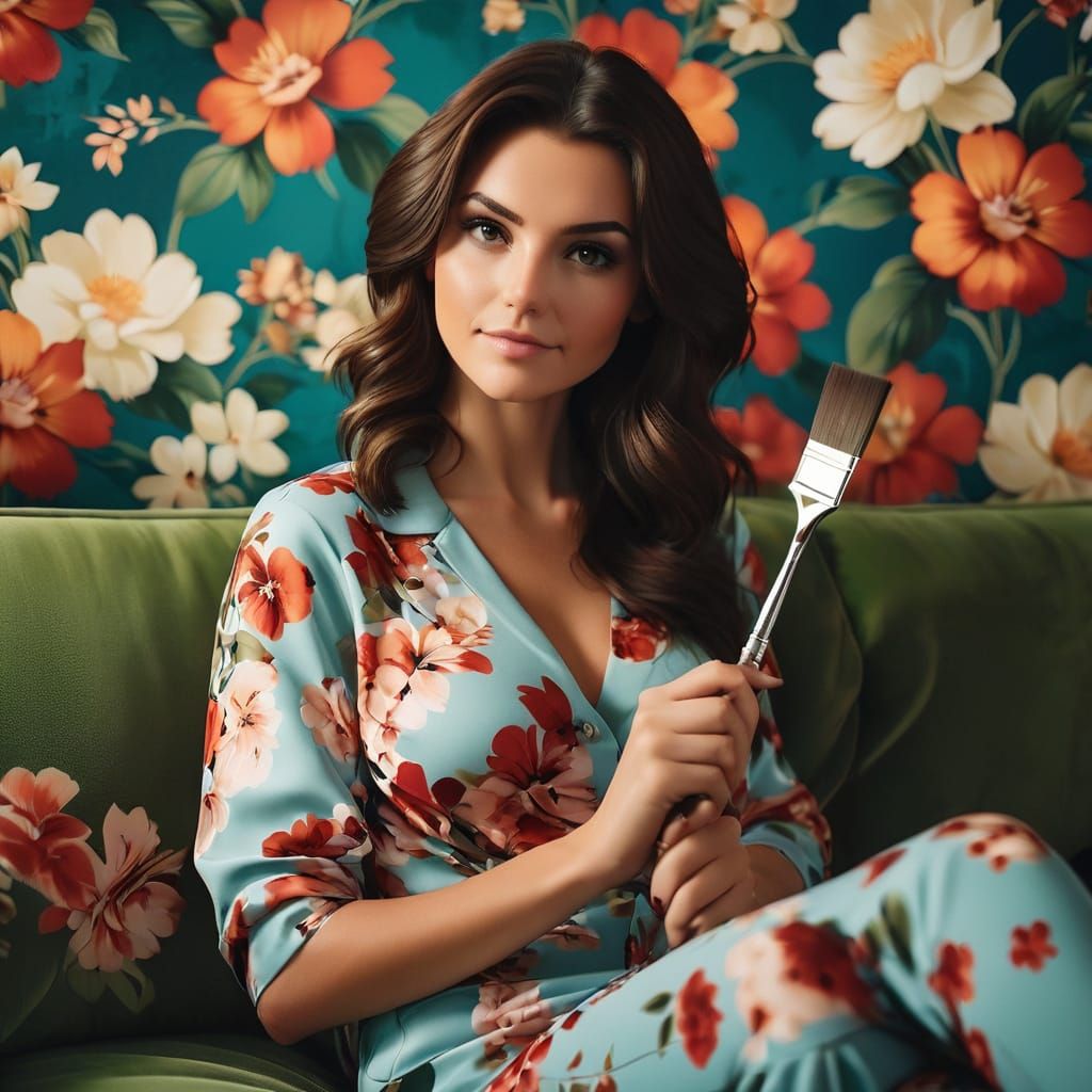 A woman sitting on a couch with a paintbrush in her hand