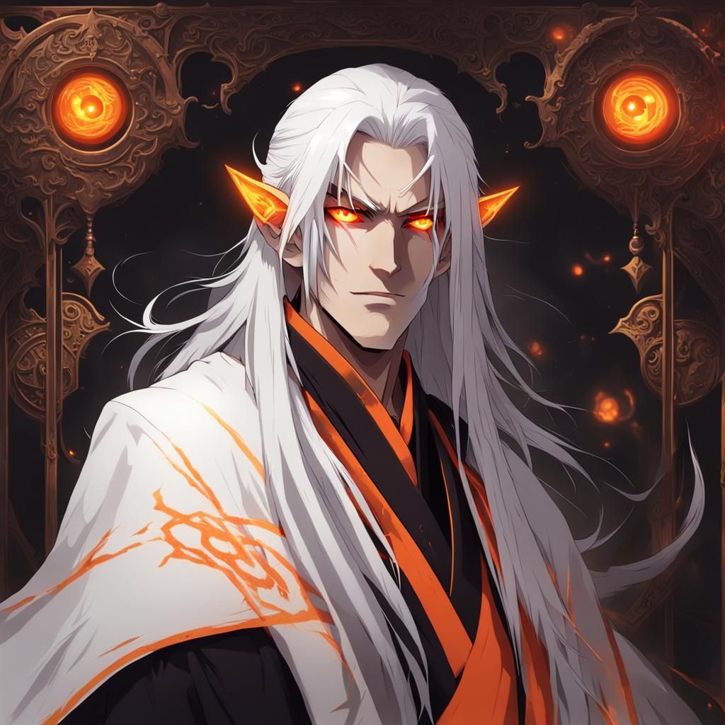 Male, Evil, Glowing orange eyes, no pupils, Orange clothes r...