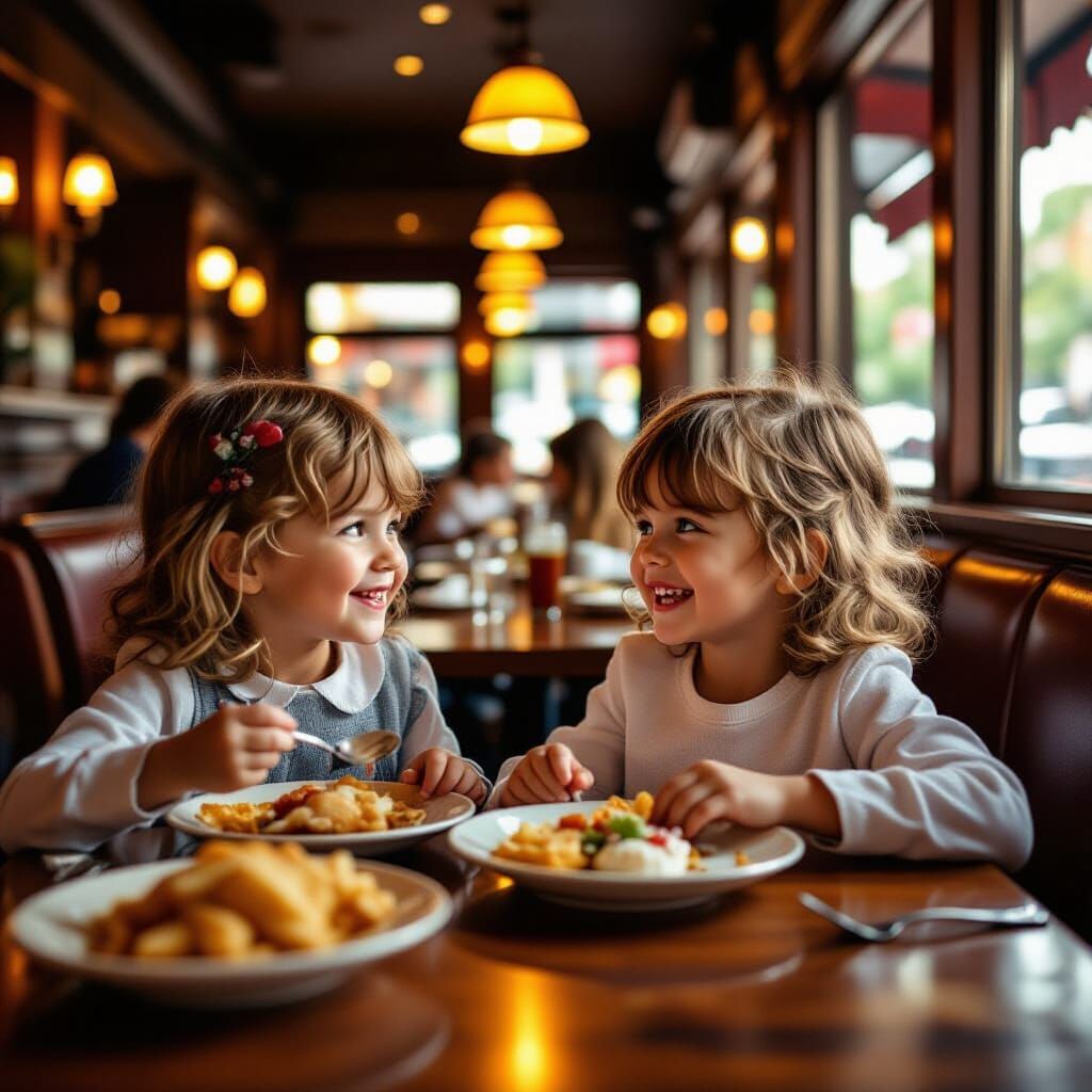 Children Enjoying a Meal in Warm Restaurant Light