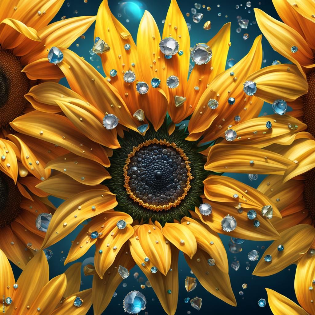 realistic and detailed sunflower, petals made of jewels