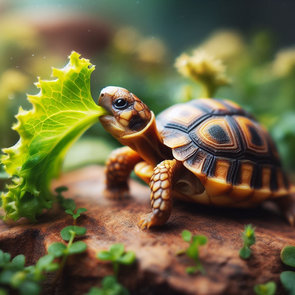 Little tortoise eating lettuce