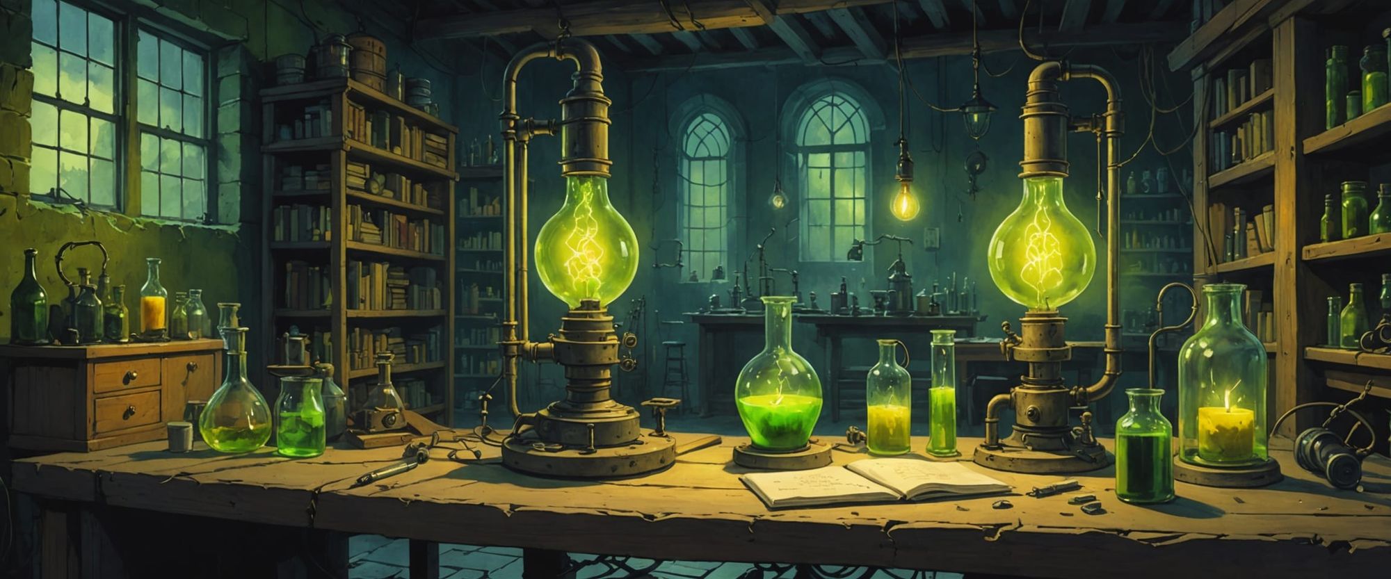 A kissing Frankenstein & Bride of Frankenstein in love, in the castle laboratory / dungeon, creepy green and yellow lightning, electrical eq...