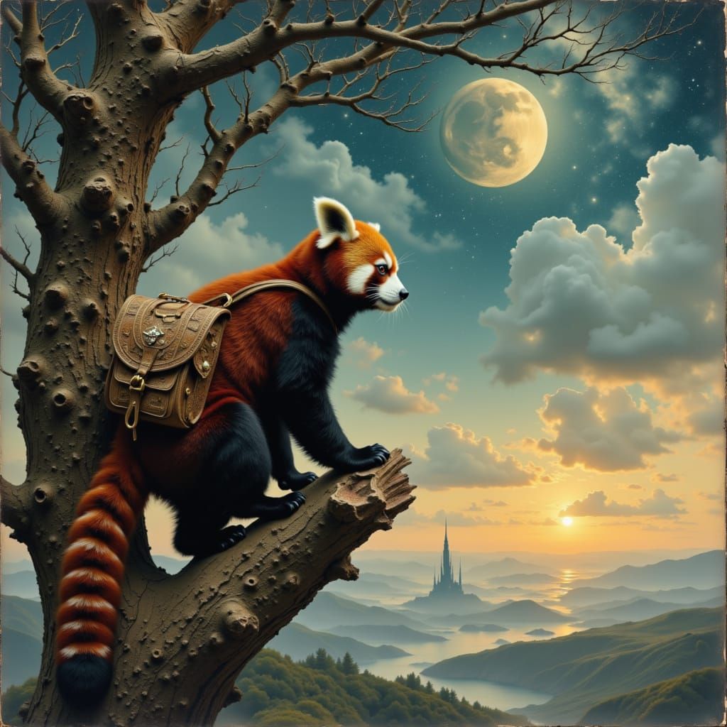 A solitary red panda perched precariously on a gnarled, ancient tree branch, overlooking a vast, otherworldly ...  by @Susi