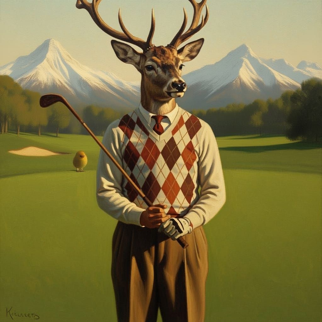 vintage old worn oil painting style upper body 1930's stag deer head on 1930's vintage golfer body. Wearong 1930's golfing clothes holding a...